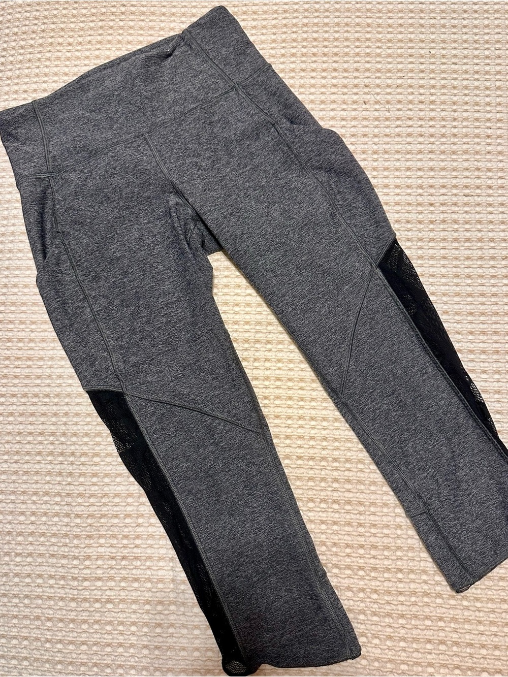 lululemon athletica Dark Gray cropped Leggings with Black lace style Mesh Sides